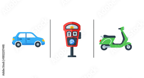 Urban mobility icons: car, scooter, and parking meter in colorful flat design