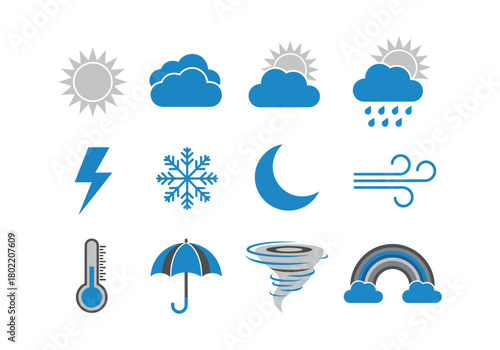 Collection of weather icons including sun, clouds, rain, lightning, snowflake, moon, wind, thermometer, umbrella, tornado, and rainbow