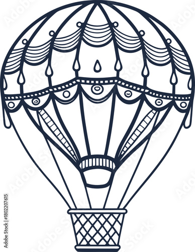 Vintage hot air balloon illustration, ornate decorative pattern, black outline, retro adventure travel concept
