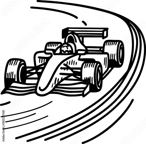 Formula racecar speeding on curve, fast motorsport action, driver competition, racing championship track