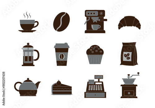 Collection of coffee and pastry icons, including a coffee cup, french press, coffee bean, croissant, cupcake, and cash register