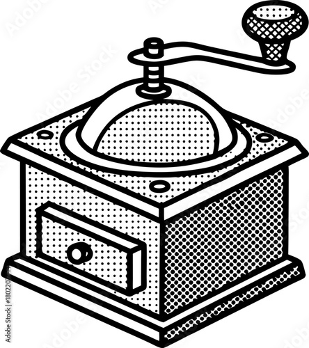 Vintage manual coffee grinder illustration retro hand crank mill with handle and drawer, black and white engraving