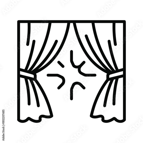 Curtain reveal outline icon with burst symbol, representing a show, event opening, grand entrance, or a surprise announcement