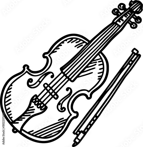 Hand drawn classical violin and bow illustration musical instrument, sketch style, stringed art, music concept