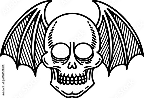Winged skull illustration gothic line art of human skull with bat wings, symbolizing dark fantasy and alternative