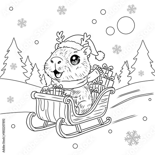 Detailed Christmas coloring page illustration of an adorable capybara wearing a Santa hat with reindeer antlers and a scarf, happily riding a sleigh filled with gifts through a snowy pine forest.