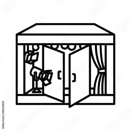Stage entrance with open double doors revealing spotlights and drawn curtains, symbolizing performance, theater, and show business concept.