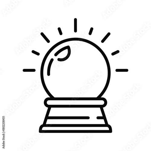 Vector outline icon of a glowing magic crystal ball on a stand, perfect for concepts of future, prediction, fate, and mystic foresight.