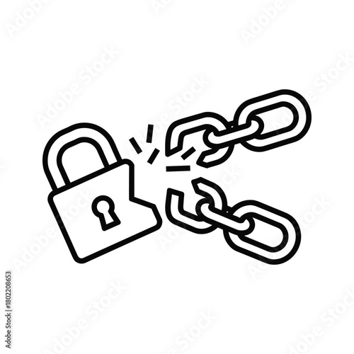 Line art icon of a broken padlock and a snapped chain, symbolizing freedom, release, security breach, and overcoming obstacles.