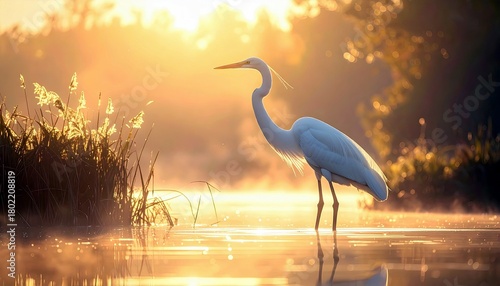 A white egret stands in shallow water, bathed in the golden light of sunrise, with reeds and mist creating a serene atmosphere.