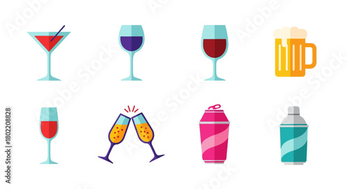 Colorful collection of cocktail and drink icons for celebrations and parties