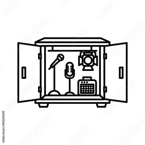 Outline icon of open storage cabinet with performance gear: microphones, stage spotlight, and sound control panel