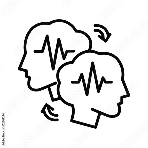 Interacting human brainwave patterns inside two head profiles, symbolizing mental connection, communication, and thought exchange concept