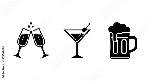 Celebration icons: champagne flutes, martini glass, and beer mug silhouettes