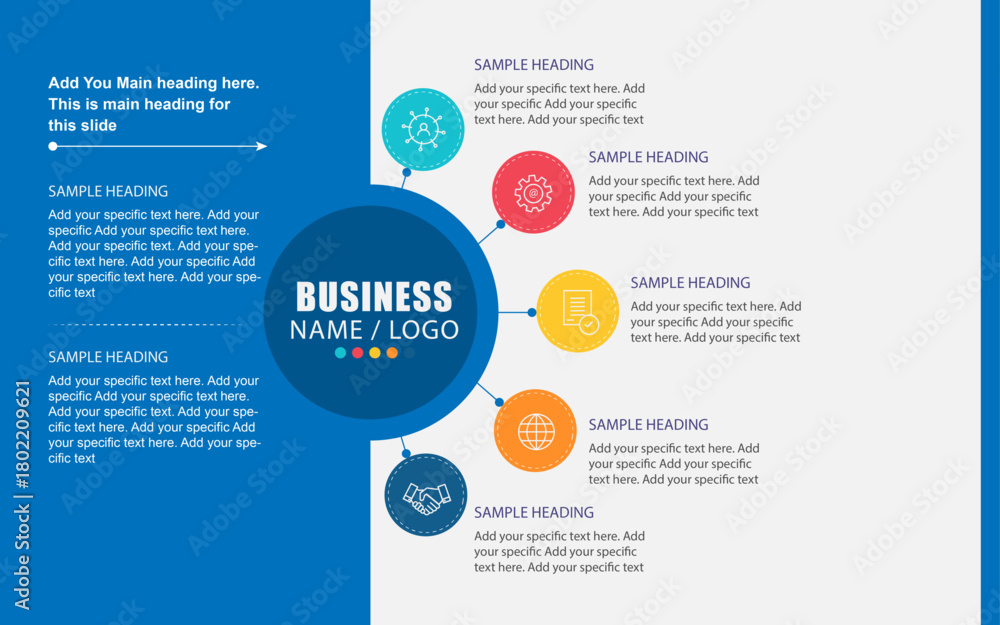 Naklejka premium Five step circle design template for PPT, business slide with circle design