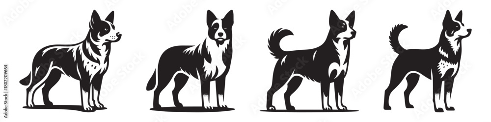 Fototapeta premium Dogs in a row black and white standing side view illustration.