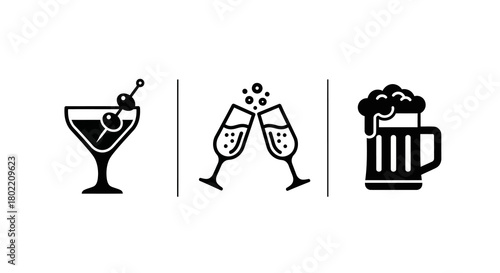 Minimalist icons of cocktail, champagne, and beer glasses for celebration themes