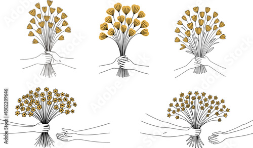 Collection of Minimalist line art of a Hand Giving small yellow Flowers , hand drawn concept for decoration on white background.