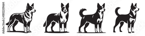 Dogs in a row black and white standing side view illustration.
