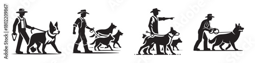 Dog walking training illustration man with dogs pet care animal training.