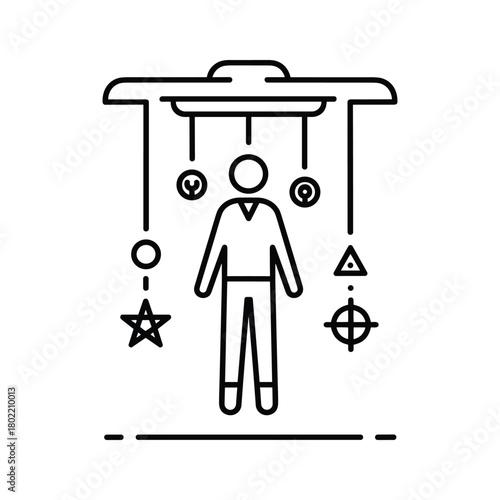Alien abduction concept line icon, a human figure influenced by an unidentified flying object with abstract symbols.