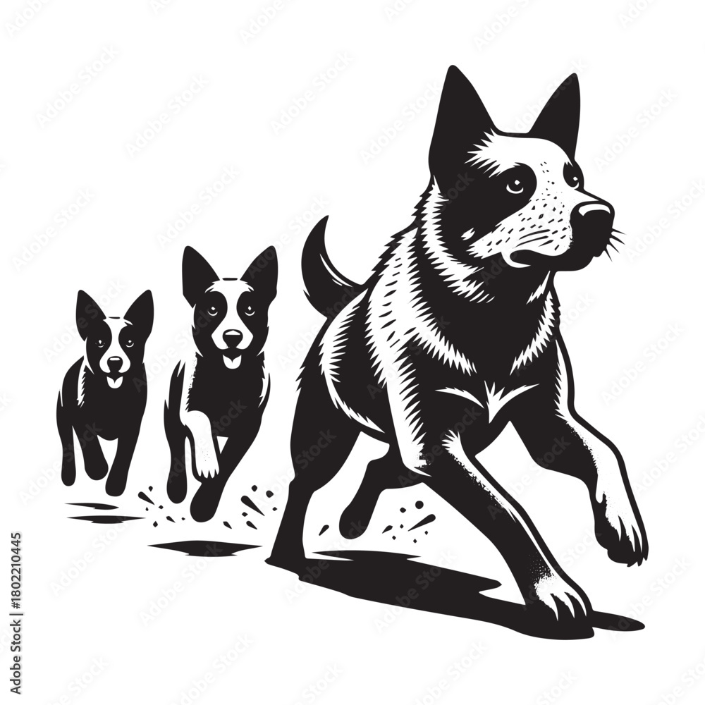 Fototapeta premium Energetic Canine Trio: A Dynamic Black and White Illustration.