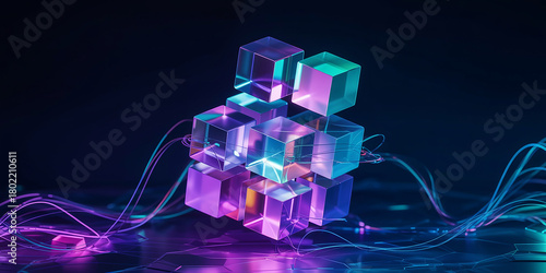 Abstract 3D render of glowing translucent cubes forming a structure with light trails image