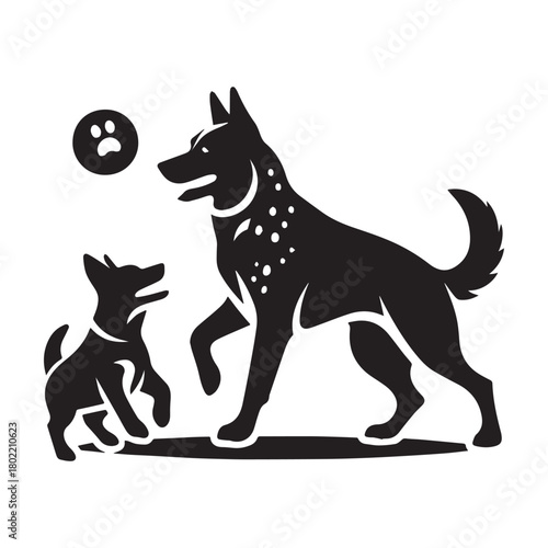 Dog silhouettes playing together with paw print symbol.