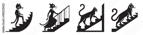 Cats Climbing Stairs Silhouette Art Illustration.