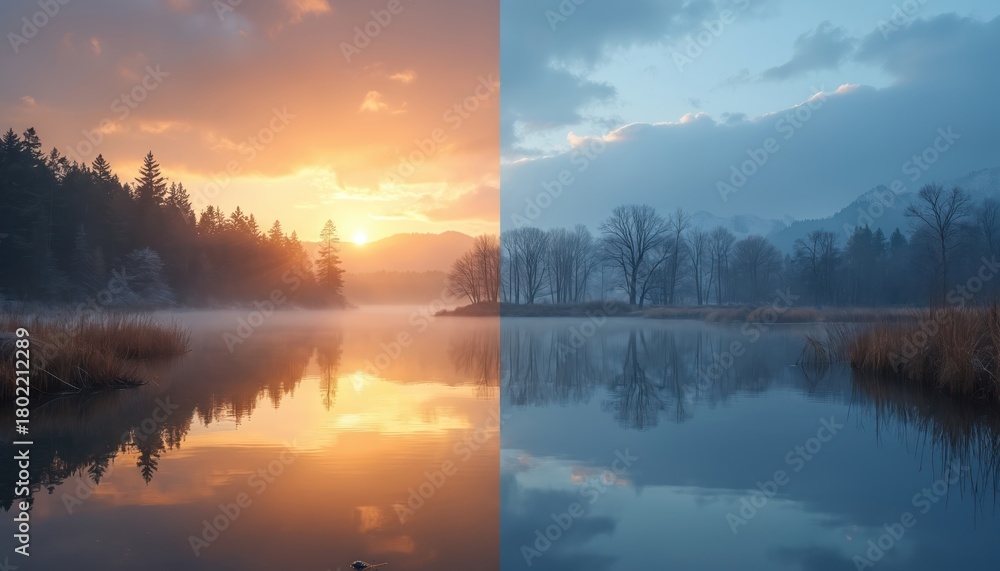 Fototapeta premium Sunrise paints lake gold sunset chills water blue. Reflections show trees, mountains, and clouds. Fog drifts over calm surface at dawn and dusk. Seasons contrast across tranquil water.