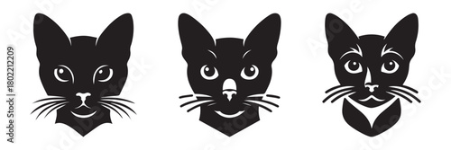 Three black cat faces with detailed features and whiskers.