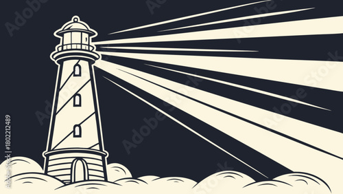 Illustration of a lighthouse with light beams shining across the dark sky and cloudscape below it