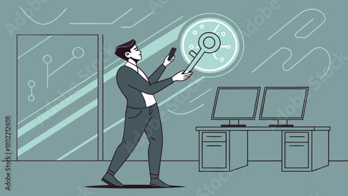 Man in suit holding smartphone and key near computer desk in a modern office environment design