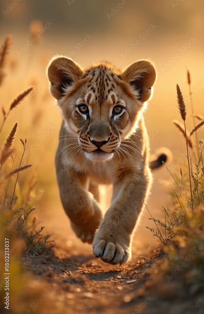 Obraz premium Young lion cub walks on dirt path towards camera. Lioness is golden colored with light fur and dark spots. Baby lion moves in savanna with tall grass. Animal has big eyes and fluffy ears.