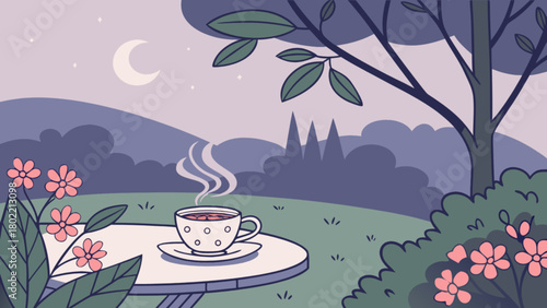 A cup of tea on a round table with flowers and a tree under a moonlit sky in a serene outdoor setting
