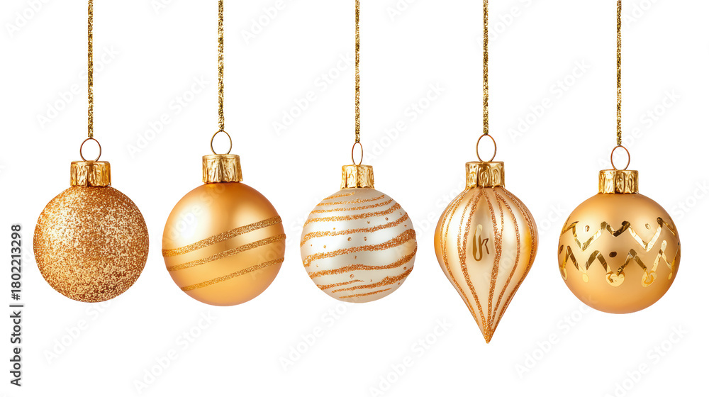 Naklejka premium Złote bombki choinkowe – eleganckie ozdoby na Boże Narodzenie