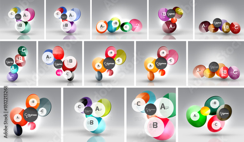 Colorful abstract logos, circles, spheres, lettered designs. Modern branding elements, vibrant gradients, glossy effects.