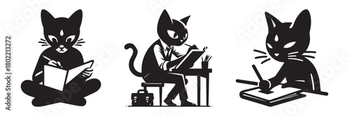 Cats Engaged in Various Activities Depicted in Silhouette Style.