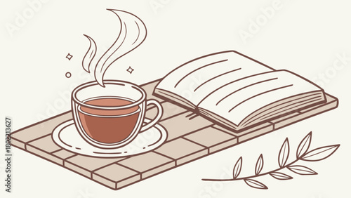 Illustration of a steaming cup of tea with an open book and plant on a tiled surface design element