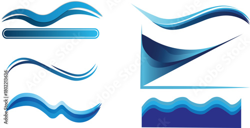 Set of Abstract Blue Wave and Swirl Graphic Design Elements for Water and Digital Concepts