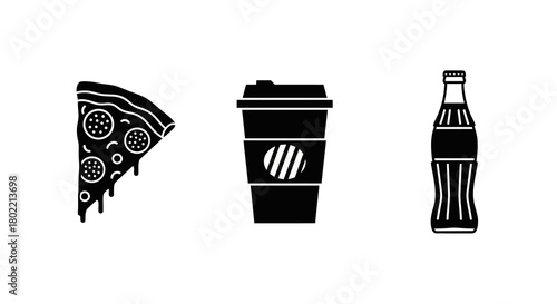 Minimalist food icons: pizza, coffee, and soda in silhouette style