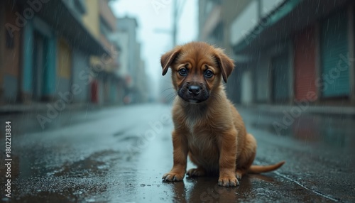 Lonely brown puppy sits on wet city street during downpour. Sad eyes look directly at viewer, conveying sense of abandonment, need for help. Puppy appears hungry, lost, seeking shelter from harsh