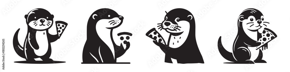 Fototapeta premium Otter with pizza slices black and white illustration cartoon style.