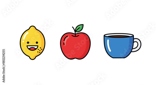 Cute cartoon lemon, apple, and coffee cup with smiley faces on white background