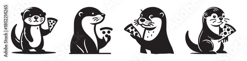 Otter with pizza slices black and white illustration cartoon style.