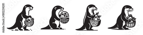 Otter with Easter Basket Illustration Black and White.