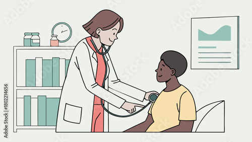 Doctor examining a patient with a stethoscope in a clinic setting with medical equipment nearby