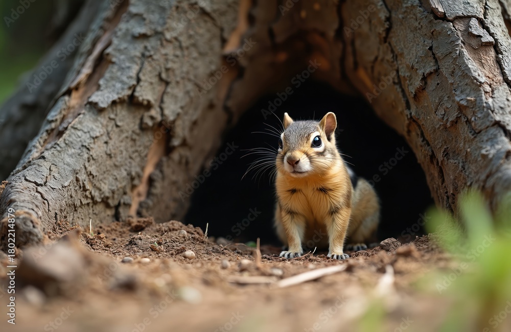 Naklejka premium Small chipmunk sits by tree hole. Rodent looks curious from its burrow entrance. Wild animal in forest. Nature habitat, brown fur, bushy tail. Small mammal near tree base.