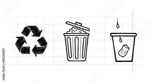Hand drawn recycling and waste disposal icons on grid background