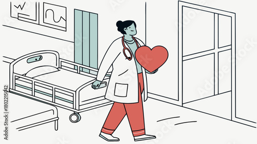 A doctor in a hospital ward holding a red heart symbol near beds and a door in a line art style